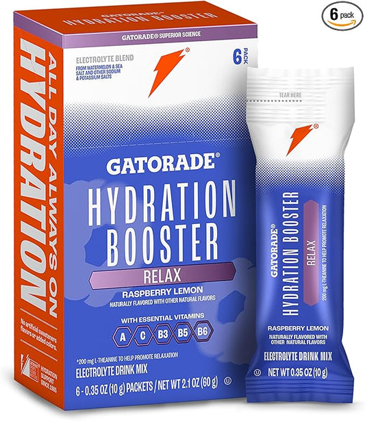 Gatorade Hydration Booster Electrolyte Drink Mix Powder Packets, Relax and Unwind, Raspberry Lemon, Makes 20 Fl Oz (6 Pack)