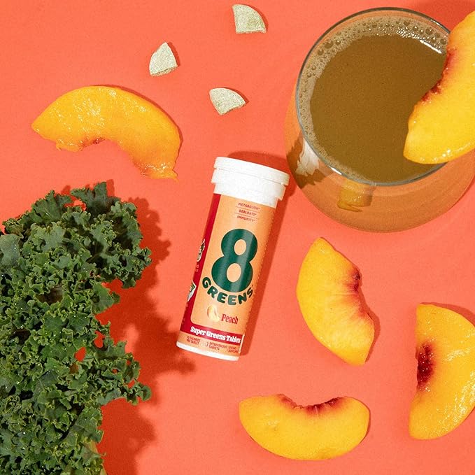 8Greens Supergreens Tablets | Super Greens Powder Superfood Tablet, Metabolism Immunity & Focus, Daily Greens Effervescent Tablets, Organic: Aloe Vera, Spirulina, Chlorella, Peach, 30 Servings