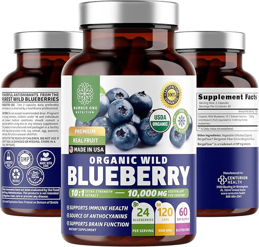 USDA Organic Wild Blueberry Extract 10:1 Concentrate, 10,000 MG per Serving Equivalent to 24 Whole Blueberries, Supports Immune Health, 120 Vegan Capsules