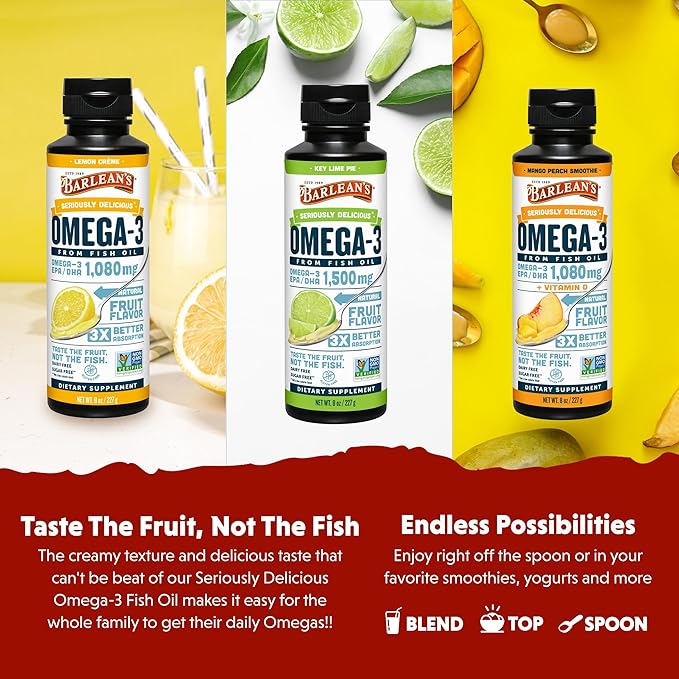 Barlean's Omega 3 Fish Oil Liquid Supplement 3-Flavor Variety Pack for Men and Women, EPA and DHA Fatty Acid, Includes Key Lime Pie, Lemon Crème and Mango Peach Flavors, 8 oz