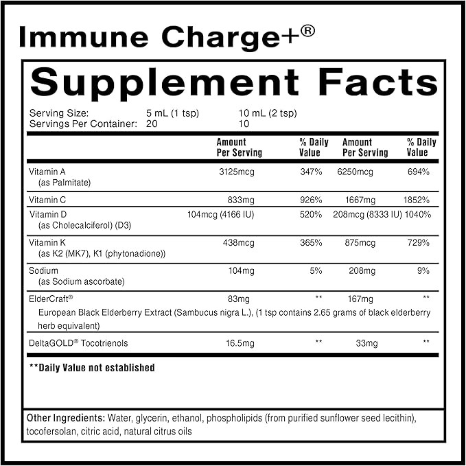 Quicksilver Scientific Immune Charge+ - Elderberry with 10,000 IU Vitamin D3, 25,000 Vitamin A, C, E, K1 & K2 for Immune Health & Lung Support (100ml)