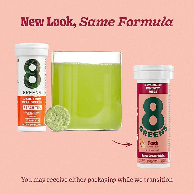 8Greens Supergreens Tablets | Super Greens Powder Superfood Tablet, Metabolism Immunity & Focus, Daily Greens Effervescent Tablets, Organic: Aloe Vera, Spirulina, Chlorella, Peach, 30 Servings