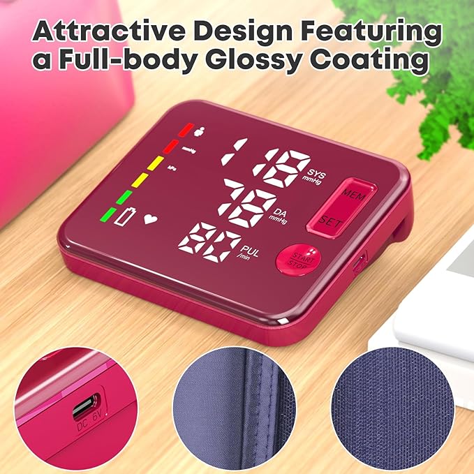 Blood Pressure Monitor Upper Arm Blood Pressure Monitors for Home Use Large Screen Rechargeable Bp Machine with 8.7"-16.5" Bp Cuff, 2x120 Memory, Voice Broadcast Bp Monitor(Red)
