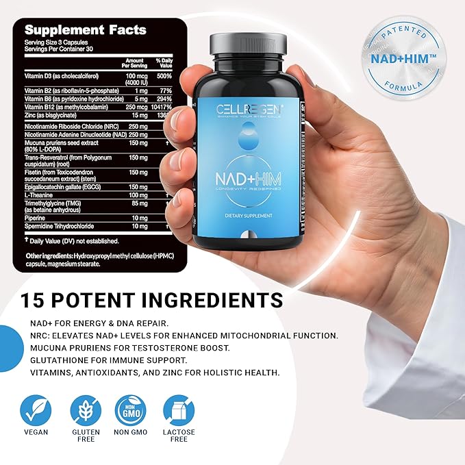 NAD HIM NAD Supplement Nicotinamide Riboside Wellness Formula, Help Restore NAD Levels, Support Testosterone Levels, NAD Supplement for Men, Non-GMO Gluten-Free, 90 Capsules