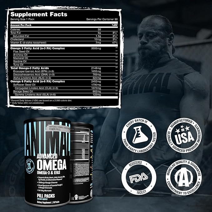 Animal Advanced Omega Essential Fatty Acids - High Potency 3500mg Omega 3 & Omega 6 Supplement with EPA, DHA, ALA, CLA, GLA for Heart, Brain, Joint, Skin, Eye, Metabolism, Immune Health - 30 Day Pack