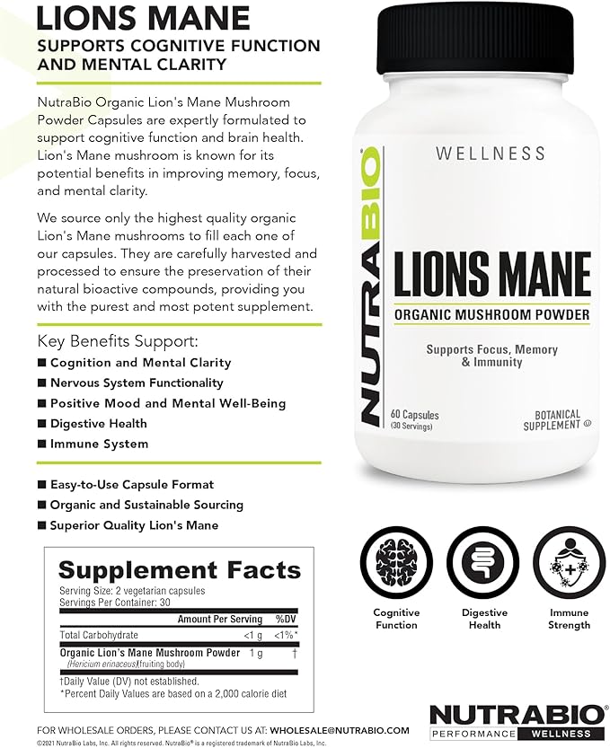 NutraBio Lions Mane Supplement Capsules- Organic Lion's Mane Mushroom Powder (500mg)- Focus, Memory, Immunity - 60 Vegetable Capsules