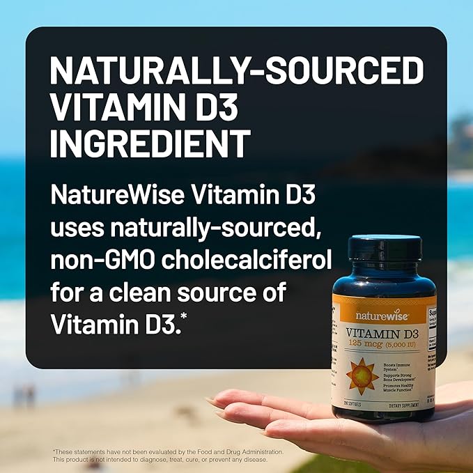 NatureWise Vitamin D3 5000iu (125 mcg) 200-Day Supply for Immune Support, Healthy Muscle Function, and Bone Health - Non-GMO, Gluten Free in Organic Extra Virgin Olive Oil, (Mini Softgel), 200 Count