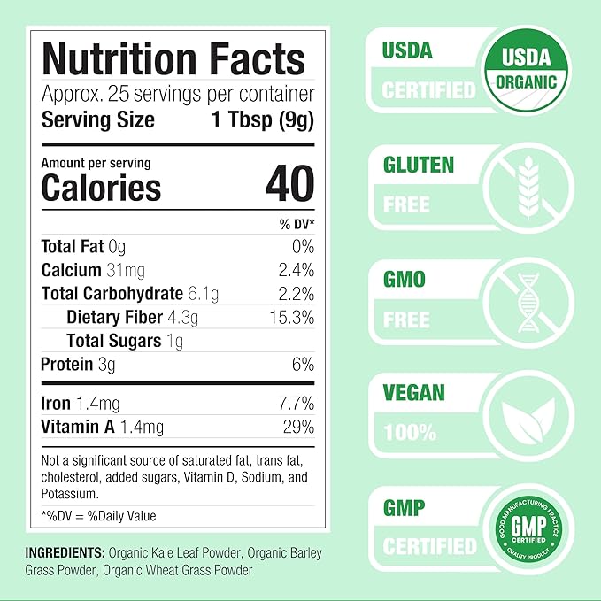 Nature Restore Greens Superfood Powder, USA Grown, Organic Kale, Barley Grass, Wheatgrass, Unsweetened, 8 Ounces, Made in USA