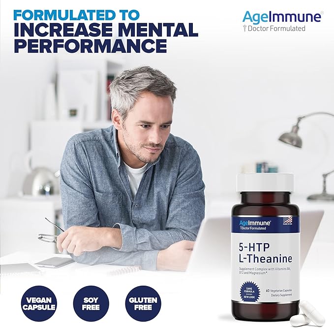 5-HTP Formula for Stress Relief and relaxation support for Teens and Adults with 5-HTP, L-Theanine, Vitamin B6, Vitamin B12, Magnesium - Doctor Formulated - Magnesium Stearate Free - 60 capsules.
