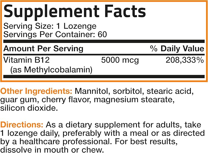 Bronson Methyl B12 5000 mcg Vitamin B12 Methylcobalamin Energy & Brain Support 60 Lozenges