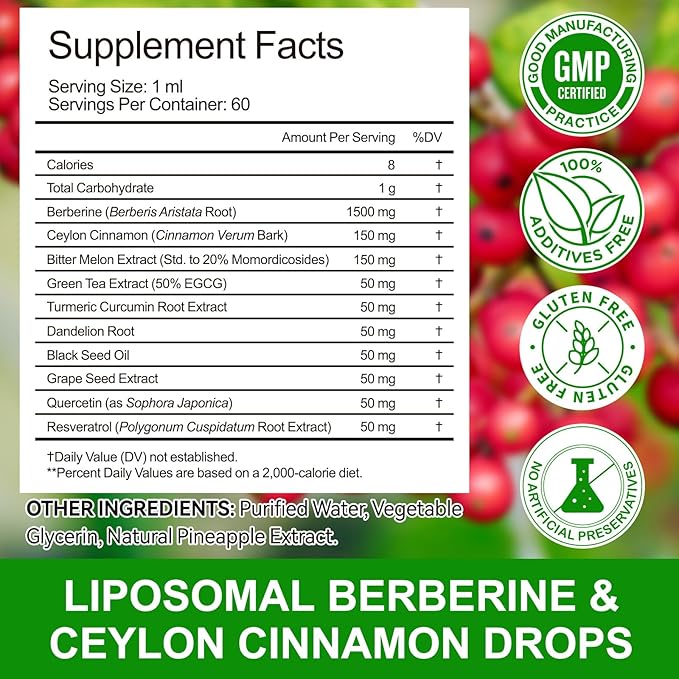 Berberine Supplement Liquid 60ml, Berberine with Ceylon Cinnamon, Berberine Drops with Turmeric Curcumin, Bitter Melon, Immune Support, Digestive Health Support