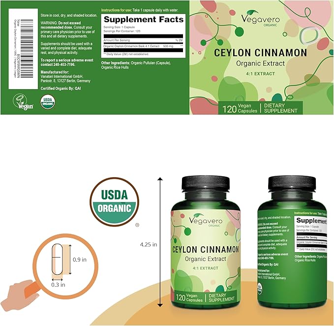 Organic Ceylon Cinnamon | 2000mg | USDA Certified | NO Artificial Additives | 4 Month Supply | Lab-Tested, Non-GMO | 120 Capsules | Vegan