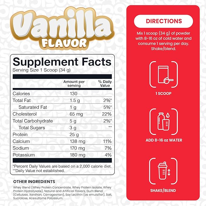 Whey Protein Powder, 25g Protein, Complete Amino Acid Profile, Gluten-Free, Low Fat, RBST-Free, Supports Muscle Recovery & Antibody Health (2 Pound, Vanilla)