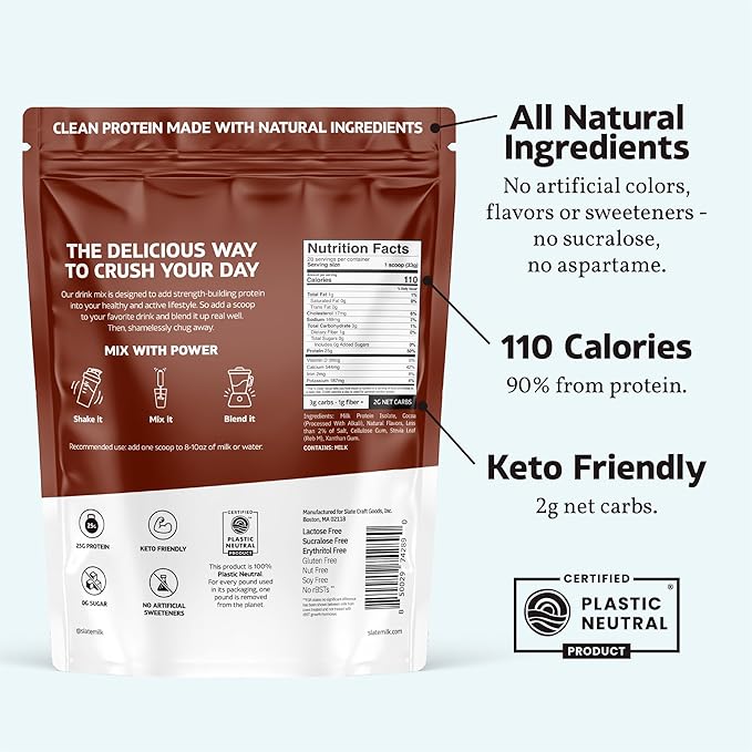 Slate Milk -High Protein Drink Mix Powder-Milk Chocolate,28 Servings Bag-Lactose Free,25g Protein,0g Sugar,110 Calories,2g Net Carbs,All Natural Ingredients-Breakfast Boost -Post Workout - 2.04 lbs