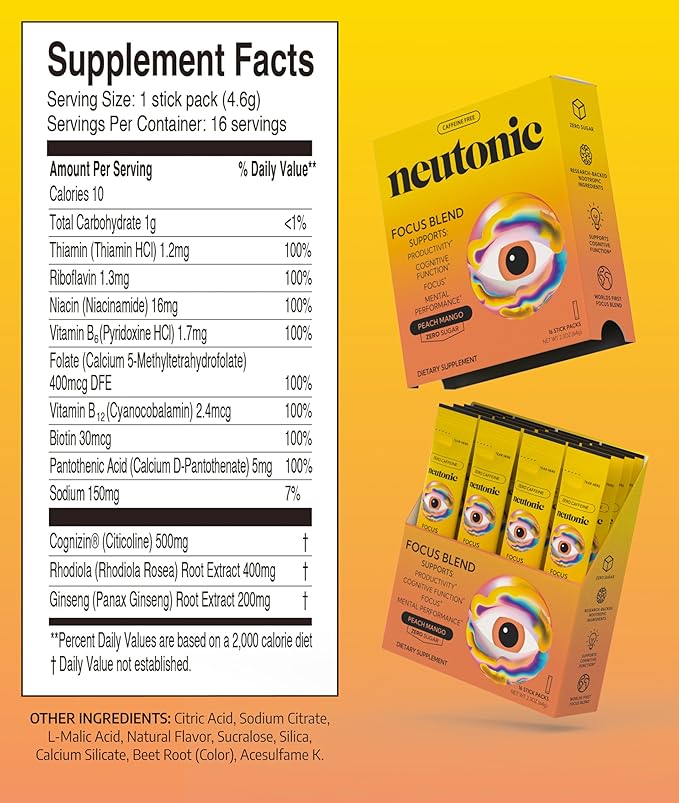 Neutonic Nootropic Focus Blend Powder | Peach Mango 16 Sticks | Caffeine Free, Zero Sugar | Support Memory, Mental Clarity, Cognitive Function | Boost Focus, Energy, Brain Health