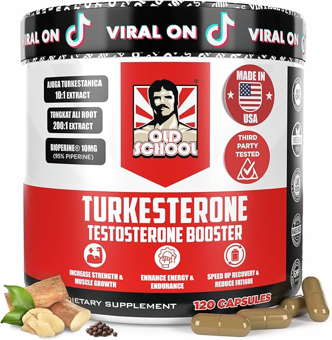 Old School Labs Testosterone Supplement for Men – Turkesterone 1500mg Max Potency + Tongkat Ali & BioPerine® – Muscle Growth, Recovery, Drive & Stamina – 120 Caps, 40 Servings