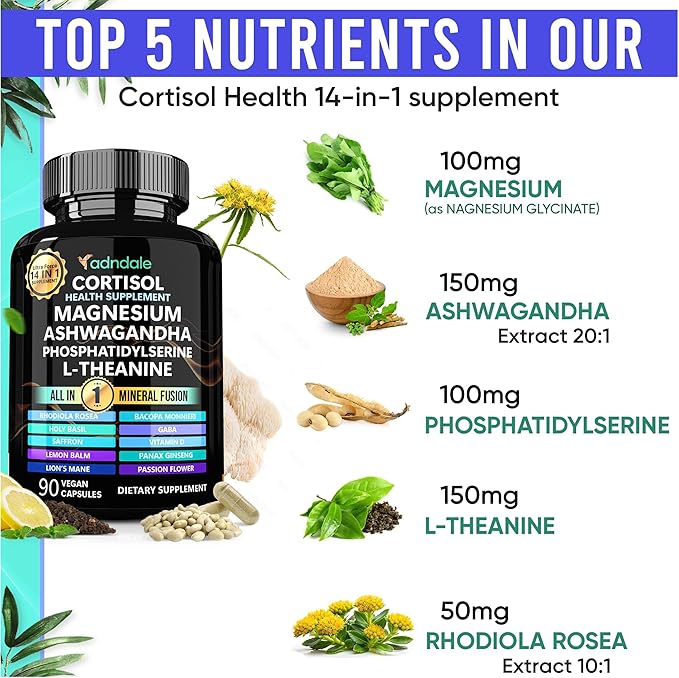 Adndale Cortisol Supplements for Women. Cortisol Manager 14-in-1 Ashwagandha Supplement with Magnesium Glycinate, L-Theanine & More. Support Stress Management & Stamina. 90 Capsules.