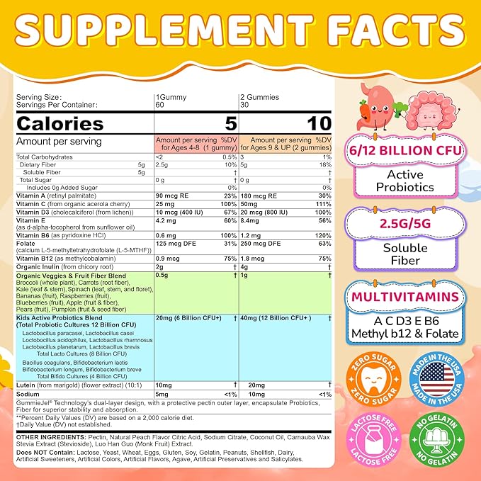 2Pack Probiotics for Kids Teen + Veggie & Fruit Fiber Gummies, with 12 Billion CFU Probiotic, Organic Inulin Prebiotics Fiber, Methyl B12 B6 C for Children's Digestive & Gut, Immune Health, Sugar Free