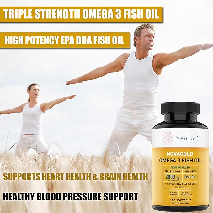 NovaGold Omega 3 Fish Oil – 2000mg High Strength EPA DHA Supplement – Burpless, Easy to Swallow Softgels – Supports Heart, Brain, Joints, Immune & Skin – Non-GMO – 120 Liquid Capsules