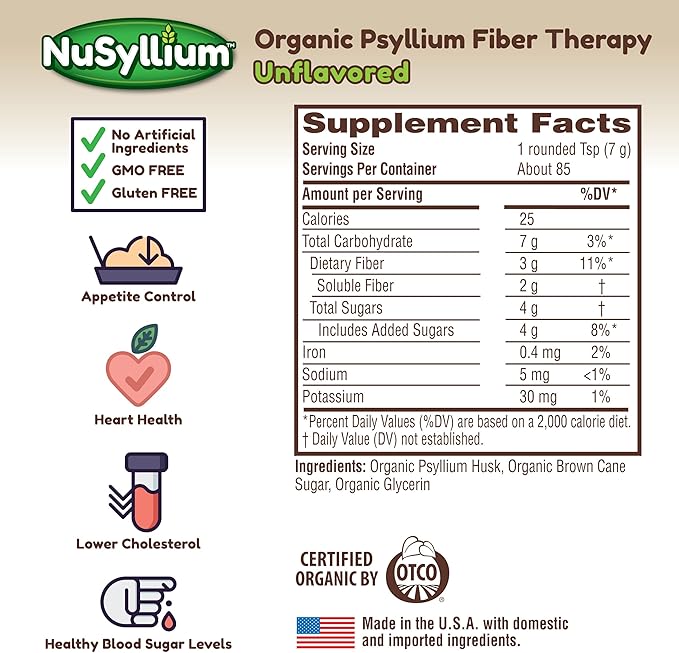 NuSyllium Psyllium Husk Powder USDA Organic, 21 Oz, Dietary Fiber Supplement with Brown Sugar, Helps Promote Digestive Health* Unflavored, 85 Servings