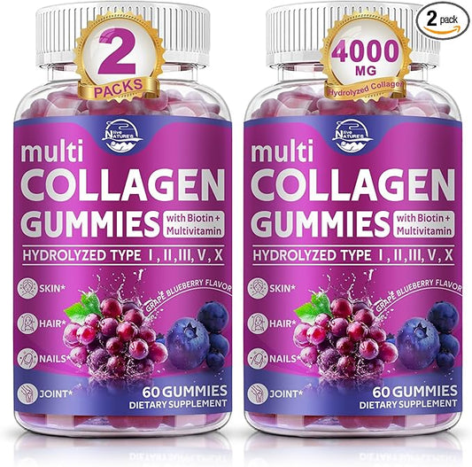 Nature's live Multi Collagen Peptides Gummies, Type I, II, III, V, X - Hydrolyzed Collagen Peptides Gummies, Supports Healthy Skin, Strong Nails & Thick Hair, Grape Blueberry Flavor, 60 Count, 2 Pack