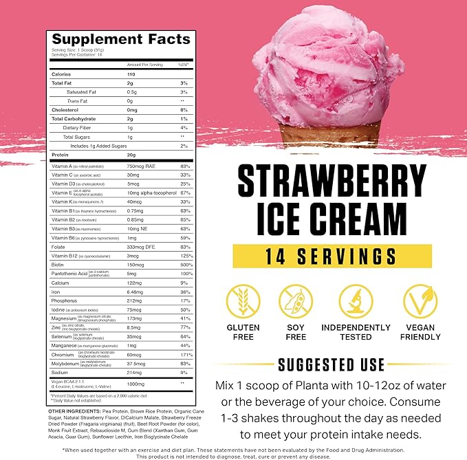 Ambrosia Planta - Premium Organic Plant-Based Protein | Vegan & Keto Friendly | Gourmet Flavors with No Bloating or Stomach Upset | No Added Sugar | 14 Servings | (Strawberry Ice Cream)