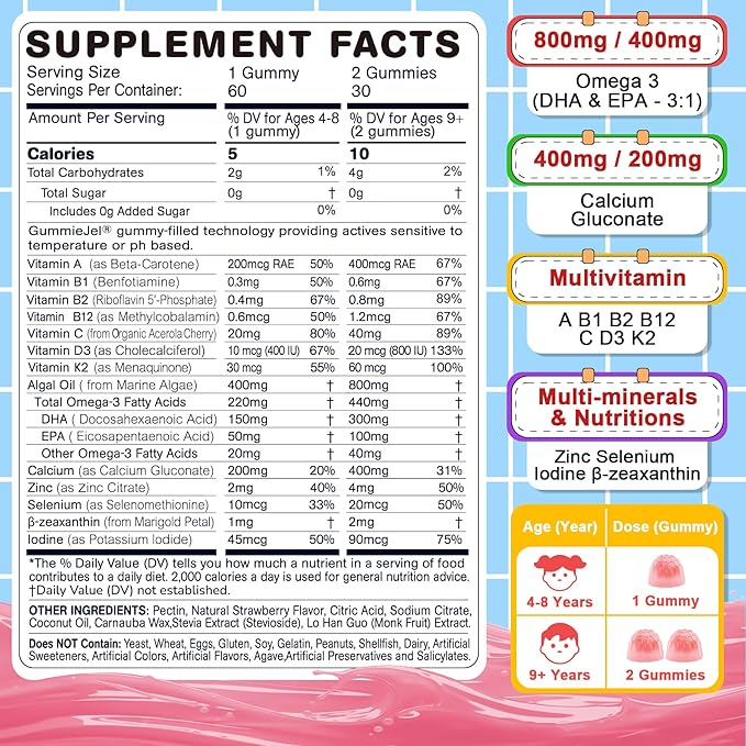 Omega 3 (EPA/DHA) Filled Gummies for Kids with Multivitamin, Calcium + D3 + K2 + Zinc, Plus Vitamin A B1 B2 B12 C, Selenium, lodine for Brain, Eye, Bone, Energy, No Fish Taste, Sugar Free