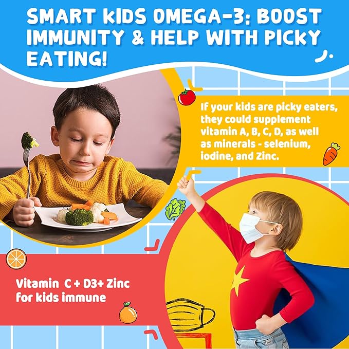 Omega 3 (EPA/DHA) Filled Gummies for Kids with Multivitamin, Calcium + D3 + K2 + Zinc, Plus Vitamin A B1 B2 B12 C, Selenium, lodine for Brain, Eye, Bone, Energy, No Fish Taste, Sugar Free