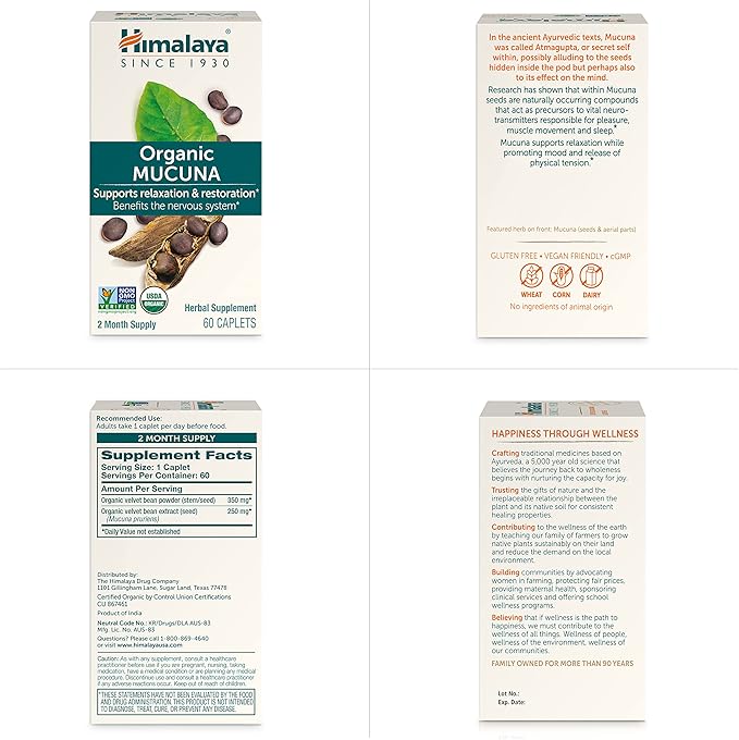 Himalaya Organic Mucuna/Pruriens Herbal Supplement, Supports Relaxation, Tension Relief, Brain Function, Non-GMO, USDA Organic, Vegan, Gluten Free, 600 mg, 60 Plant-Caplets, 60 Day Supply