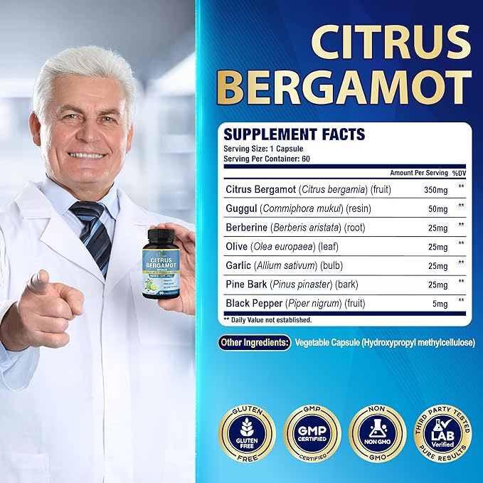 Organic Cadane 2 Packs Citrus Bergamot Extract Capsules with Berberine, Olive, Guggul, Garlic, Pine Bark, Black Pepper | 4 Months Supply