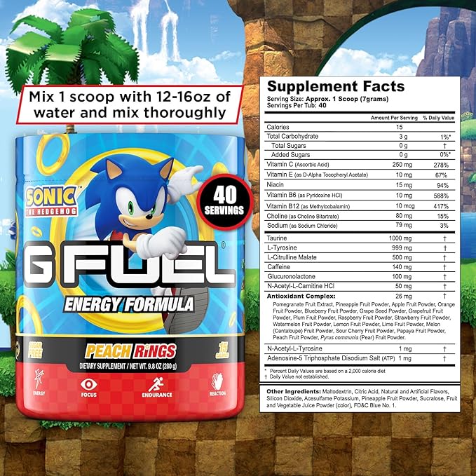 G Fuel Sonic Energy Drink Powder, Pre Workout Caffeine Mix for Gaming, Sugar Free Focus Amino, Vitamin + Antioxidants, 9.8oz (Peach Ring Candy, 40 Servings)