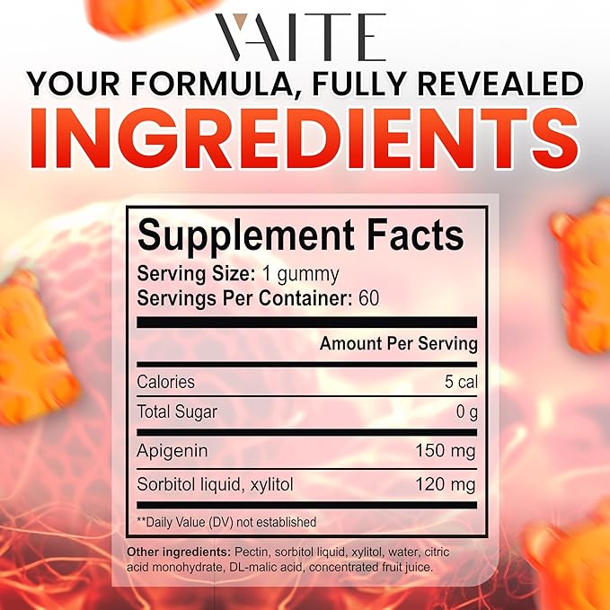 Apigenin Supplement 150mg - Chamomile Extract Vegan Gummies with Flavonoids, Bioflavonoids & Polyphenols - Plant-Based Relaxation Support - Liposomal Calm Formula - Non-GMO Herbal Mood Balance