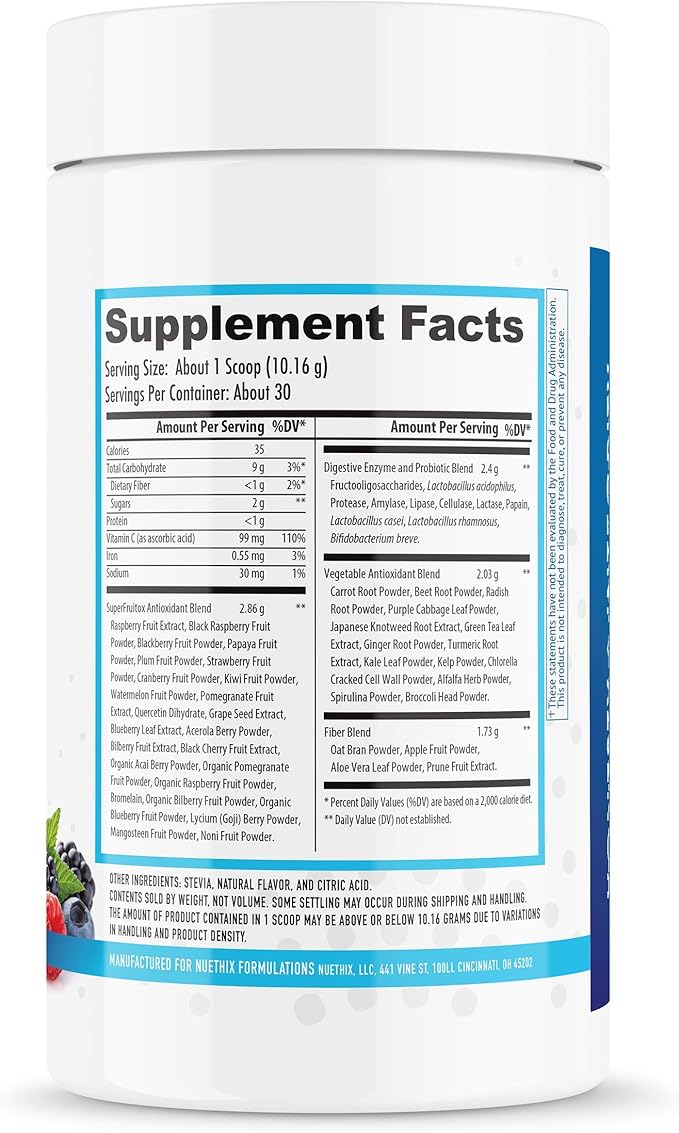 NuEthix Formulations Gourmet Greens Drink Powder Dietary Supplement with Fruit and Vegetable Superfoods and Probiotics, Berry, 30 Servings