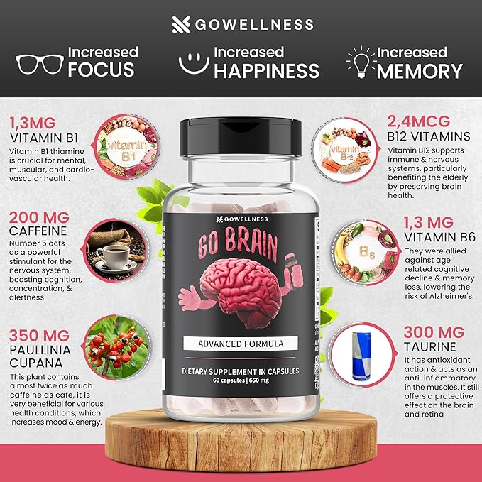 Nootropic Brain Support Supplement - Advanced Focus Supplement for Concentration, Premium Memory & Brain Booster with Vitamins, Coenzyme Q10, Phosphatyldyserine, Guarana, Zinc, Tyrosine, Amino Acids