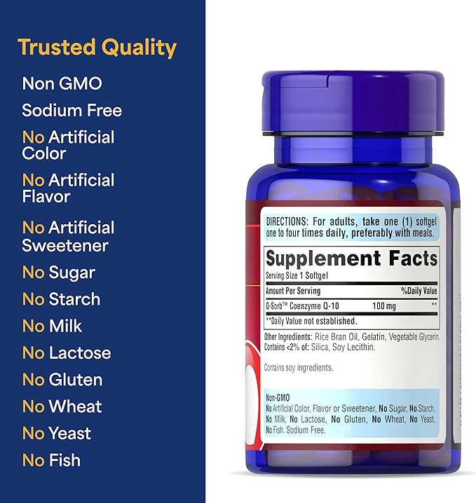 Puritan's Pride Coenzyme CoQ10 100mg, Dietary Supplement for Heart Health, Blood Pressure, Oral Gum Health, and Healthy Aging Support, 60 Servings, Rapid Release Softgels