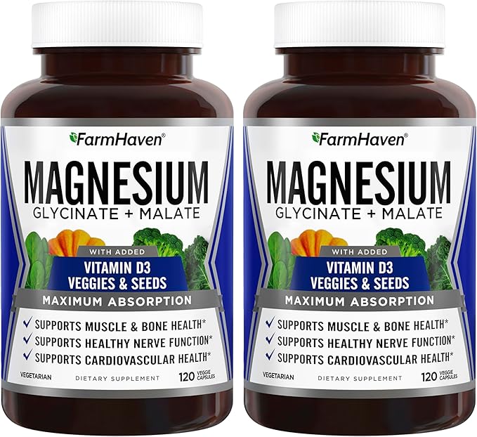 FarmHaven Magnesium Glycinate & Malate Complex w/Vitamin D3, 100% Chelated for Max Absorption- Bone Health, Nerves, Muscles, 240 Capsules, 120 Days