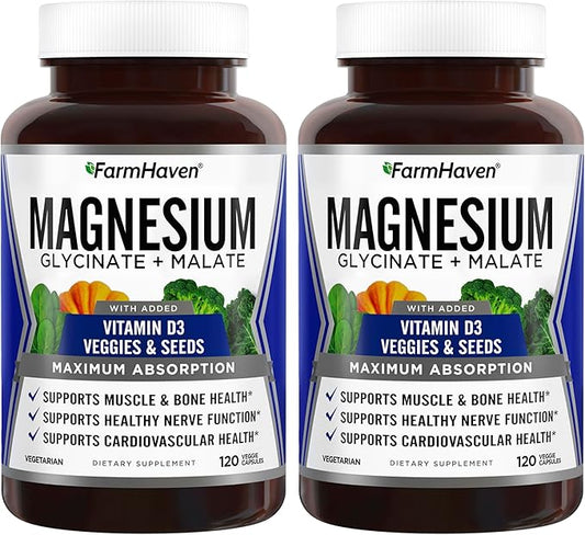 FarmHaven Magnesium Glycinate & Malate Complex w/Vitamin D3, 100% Chelated for Max Absorption- Bone Health, Nerves, Muscles, 240 Capsules, 120 Days