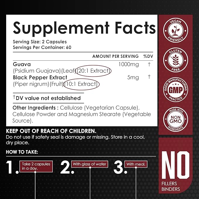 AMALTH Guava Leaf Extract with Piperine Supplement Capsules 1000 mg (120 Capsules) Non- GMO Gluten Free