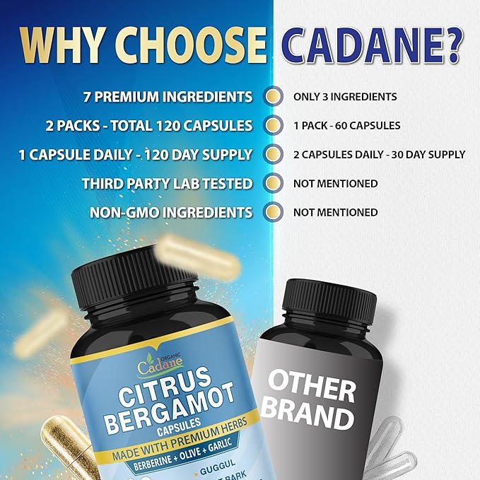 Organic Cadane 2 Packs Citrus Bergamot Extract Capsules with Berberine, Olive, Guggul, Garlic, Pine Bark, Black Pepper | 4 Months Supply