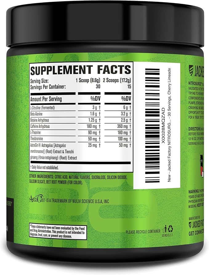 Jacked Factory NITROSURGE Pre Workout Supplement - Endless Energy, Instant Strength Gains, Clear Focus, Intense Pumps - NO Booster & Preworkout Powder with Beta Alanine - 30 Servings, Cherry Limeade