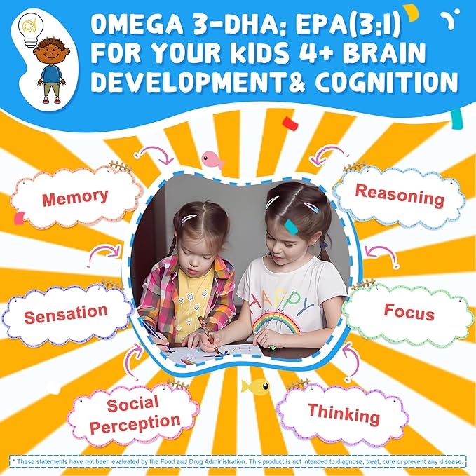Omega 3 (EPA/DHA) Filled Gummies for Kids with Multivitamin, Calcium + D3 + K2 + Zinc, Plus Vitamin A B1 B2 B12 C, Selenium, lodine for Brain, Eye, Bone, Energy, No Fish Taste, Sugar Free