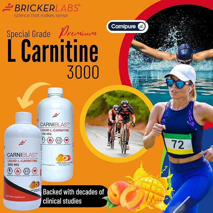CARNIBLAST Liquid L-Carnitine 3000mg – Carnipure® Sports Nutrition Supplement for Energy, Stamina & Workout Recovery – Peach Mango Flavor, 16 Fl Oz, Vegan, Gluten-Free, Non-GMO
