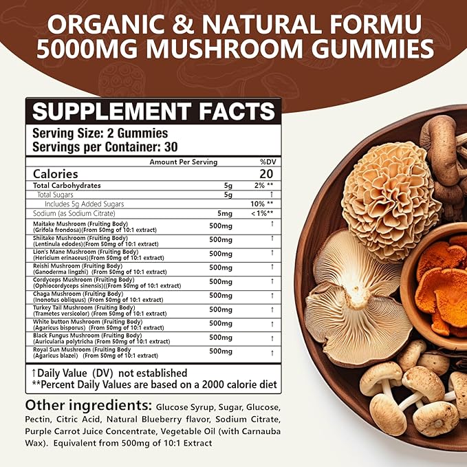 2 Packs 5000MG Mushroom Gummies -10 Blend Organic Mushroom Supplement containing Lion's Mane and Reishi for Brain and Immune Boosting, Blueberry Flavor, Non-GMO, 120 Counts