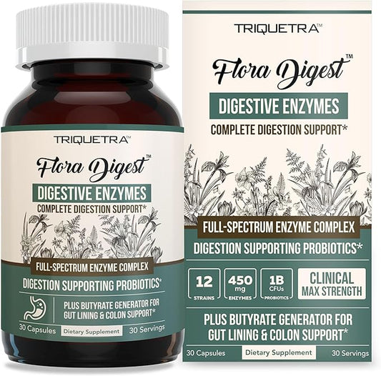 Flora Digest - 3-in-1 Max Strength Digestive Enzymes + Gut Surviving Probiotics & ButyraGen® Postbiotic for Optimal Digestion, Bloating Relief, Regularity, Gut Lining & Colon Support - (30 Capsules)