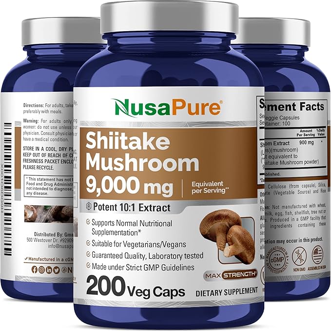 NusaPure Shiitake Mushroom 10:1 Extract, 900 mg Equivalent to 9000mg 200 Veggie Capsules (Non-GMO, Vegan)