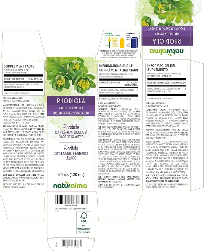 Naturalma Rhodiola rosea (Sedum roseum) Root Alcohol-Free Tincture - 4 fl oz Liquid Extract in Drops - Herbal Supplement - Vegan