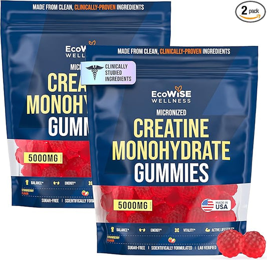 Creatine Monohydrate Gummies 5000 mg, Strawberry Flavor, 120 Sugar-Free Vegan Chews, Creatine Supplement for Daily Routine, Pack of 2