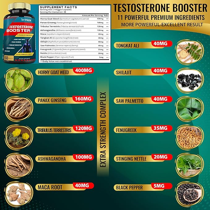 2 Packs of 60caps Testosterone Supplements Booster for Men, Equivalent to 10000mg - Natural Stamina, Endurance & Strength Supplement - Muscle Building Growth, Increasing Performance, Energy