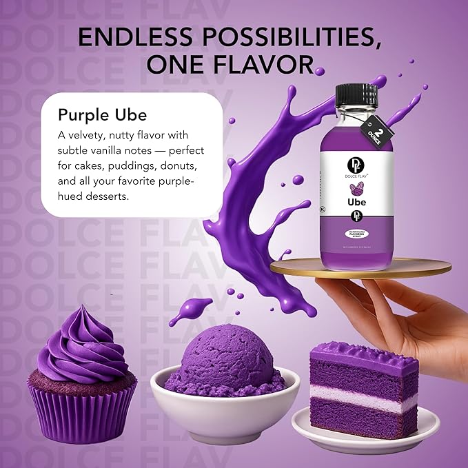 Dolce Flav Purple Ube Extract – 2 Ounce Water-Soluble Kosher, Sugar-Free, Concentrated Sweet Ube Flavoring for Baking, Ice Cream & Pastries, Includes Measured Dropper