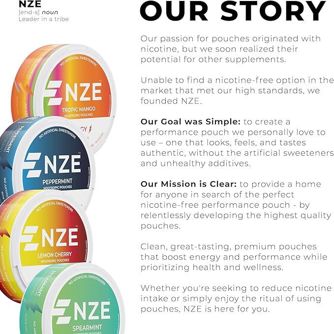 NZE Caffeine Nootropic Pouches (Wintergreen) - Energy Pouches with 50mg Caffeine, Alpha GPC, L-Tyrosine & L-Theanine with No Sugar or Artificial Sweeteners - 15 Nicotine Free Pouches Per Can - 5 Pack